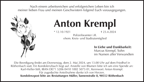 Traueranzeige von Anton Krempl von Pegnitz-Zeitung