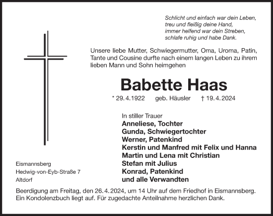 Traueranzeige von Babette Haas von Der Bote