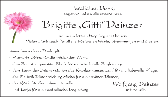 Traueranzeige von Brigitte Deinzer von Pegnitz-Zeitung