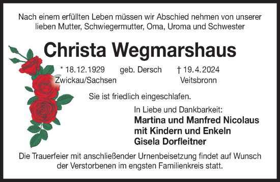 Traueranzeige von Christa Wegmarshaus von Der Bote