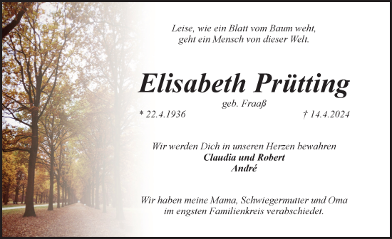 Traueranzeige von Elisabeth Prütting von Pegnitz-Zeitung