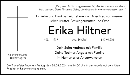 Traueranzeige von Erika Hiltner von Hersbrucker Zeitung Lokal