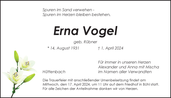 Traueranzeige von Erna Vogel von Pegnitz-Zeitung