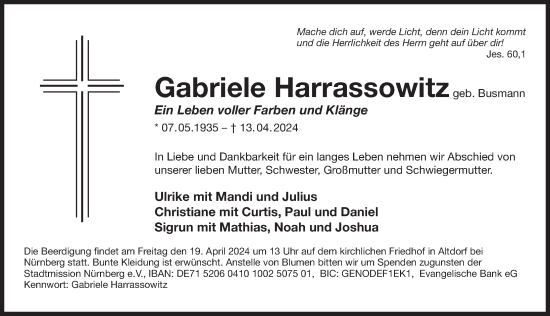 Traueranzeige von Gabriele Harrassowitz von Der Bote