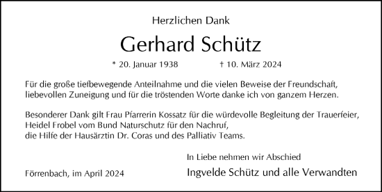 Traueranzeige von Gerhard Schütz von Hersbrucker Zeitung Lokal