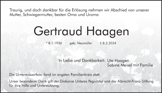 Traueranzeige von Gertraud Haagen von Pegnitz-Zeitung