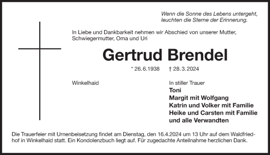 Traueranzeige von Gertrud Brendel von Der Bote