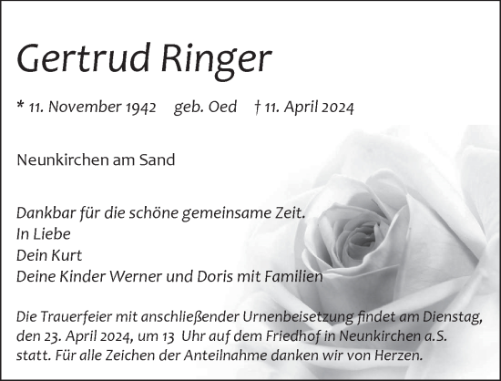 Traueranzeige von Gertrud Ringer von Pegnitz-Zeitung