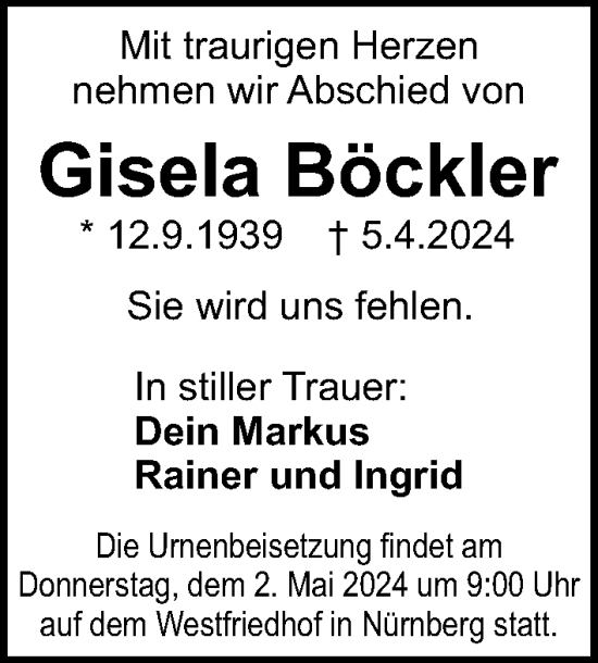Traueranzeige von Gisela Böckler von Der Bote