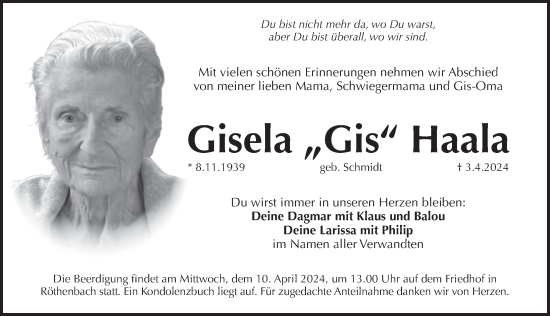 Traueranzeige von Gisela Haala von Pegnitz-Zeitung