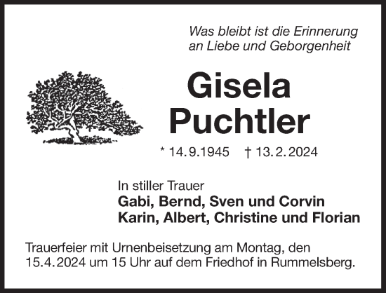 Traueranzeige von Gisela Puchtler von Der Bote