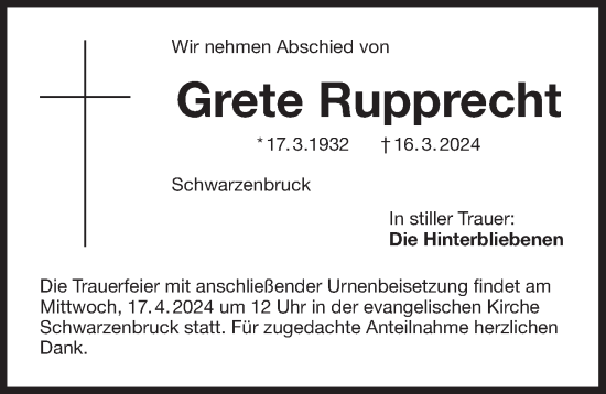 Traueranzeige von Grete Rupprecht von Der Bote