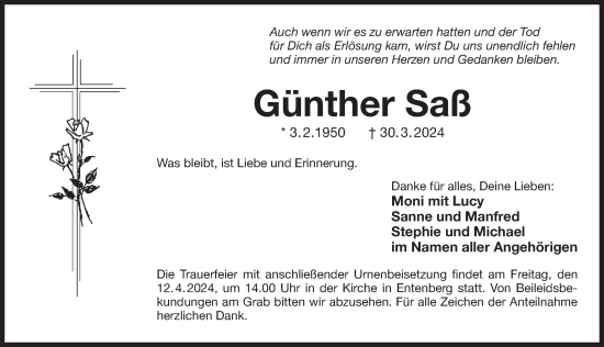 Traueranzeige von Günther Saß von Der Bote