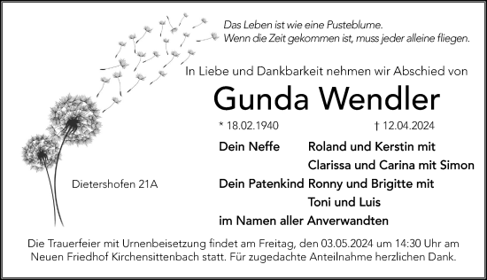 Traueranzeige von Gunda Wendler von Hersbrucker Zeitung Lokal