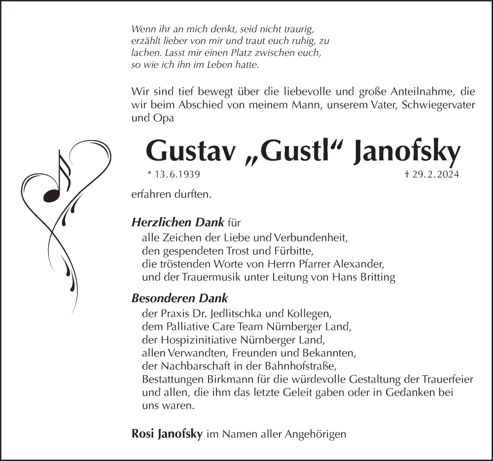  Traueranzeige für Gustav Janofsky vom 06.04.2024 aus Pegnitz-Zeitung