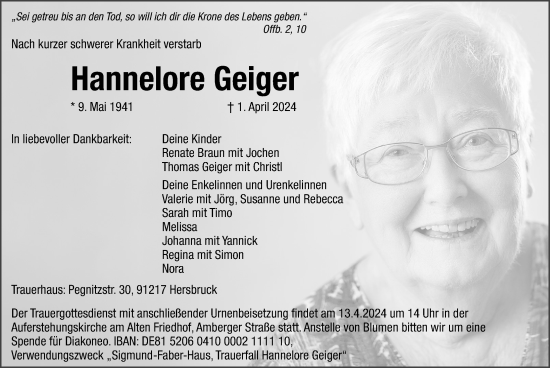 Traueranzeige von Hannelore Geiger von Hersbrucker Zeitung Lokal