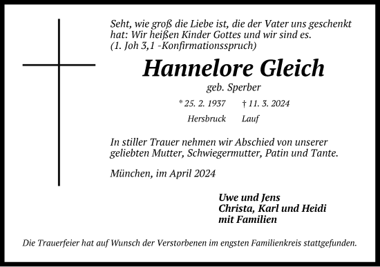 Traueranzeige von Hannelore Gleich von Hersbrucker Zeitung Lokal