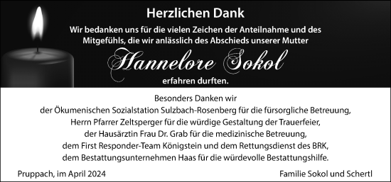 Traueranzeige von Hannelore Sokol von Hersbrucker Zeitung Lokal