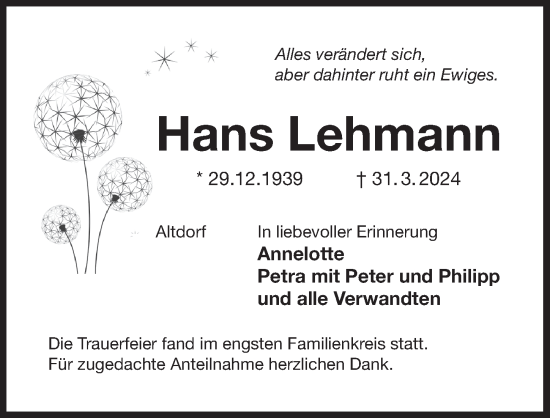 Traueranzeige von Hans Lehmann von Der Bote