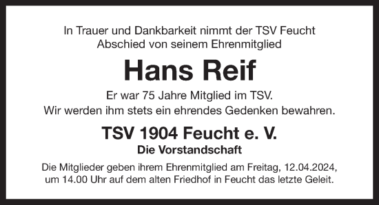 Traueranzeige von Hans Reif von Der Bote