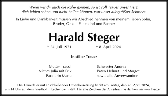 Traueranzeige von Harald Steger von Hersbrucker Zeitung Lokal