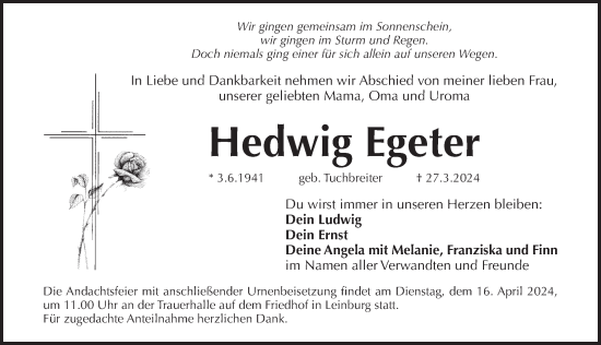 Traueranzeige von Hedwig Egeter von Der Bote