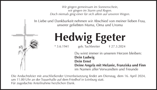 Traueranzeige von Hedwig Egeter von Pegnitz-Zeitung