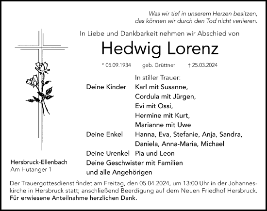 Traueranzeige von Hedwig Lorenz von Hersbrucker Zeitung Lokal