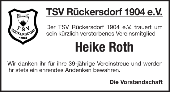 Traueranzeige von Heike Roth von Pegnitz-Zeitung