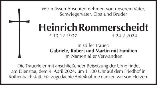 Traueranzeige von Heinrich Rommerscheidt von Pegnitz-Zeitung
