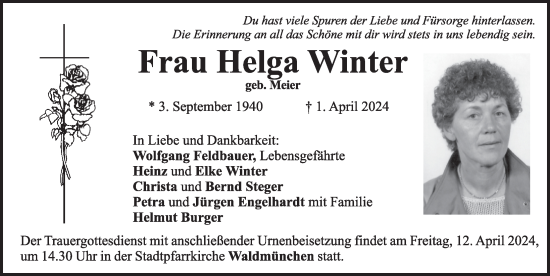 Traueranzeige von Helga Winter von Pegnitz-Zeitung