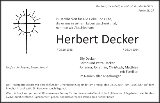 Traueranzeige von Herbert Decker von Pegnitz-Zeitung
