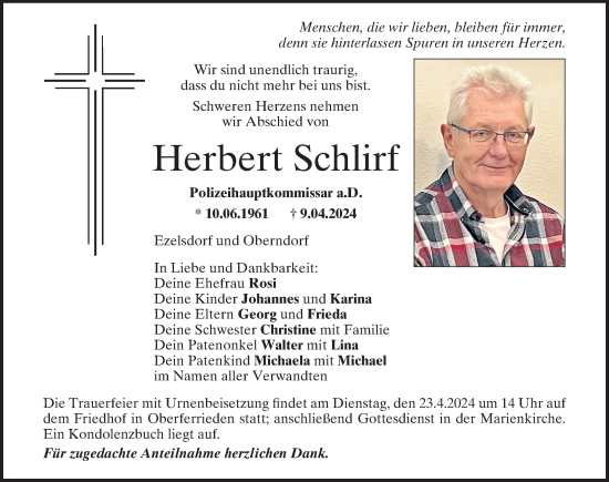 Traueranzeige von Herbert Schlirf von Der Bote