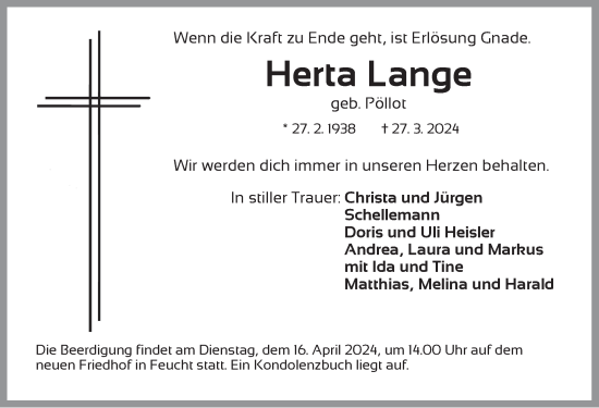 Traueranzeige von Herta Lange von Der Bote