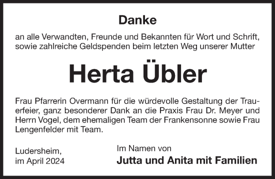 Traueranzeige von Herta Übler von Der Bote