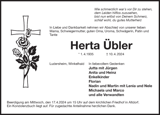 Traueranzeige von Herta Übler von Der Bote