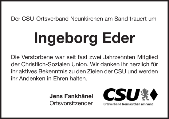 Traueranzeige von Ingeborg Eder von Pegnitz-Zeitung