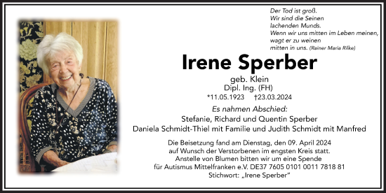 Traueranzeige von Irene Sperber von Hersbrucker Zeitung Lokal