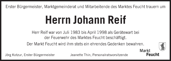 Traueranzeige von Johann Reif von Der Bote