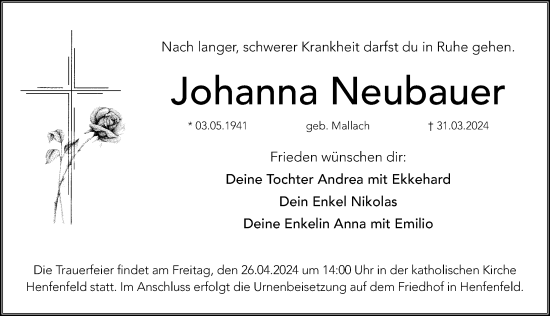 Traueranzeige von Johanna Neubauer von Hersbrucker Zeitung Lokal