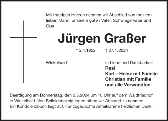 Traueranzeige von Jürgen Graßer von Der Bote