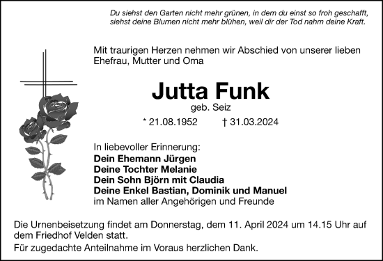 Traueranzeige von Jutta Funk von Hersbrucker Zeitung Lokal