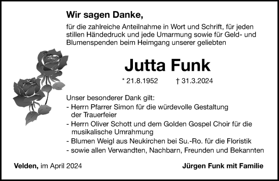 Traueranzeige von Jutta Funk von Hersbrucker Zeitung Lokal