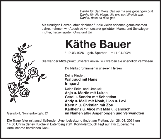 Traueranzeige von Käthe Bauer von Der Bote