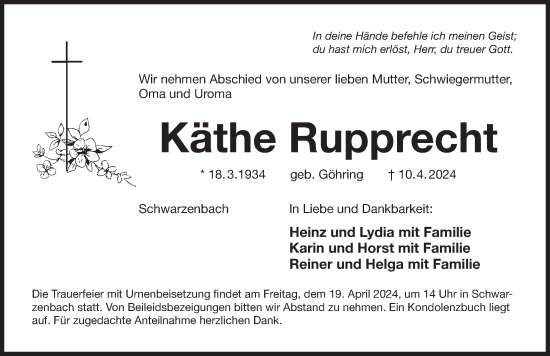 Traueranzeige von Käthe Rupprecht von Der Bote