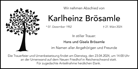 Traueranzeige von Karlheinz Brösamle von Hersbrucker Zeitung Lokal