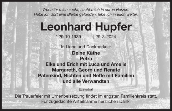 Traueranzeige von Leonhard Hupfer von Der Bote