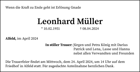 Traueranzeige von Leonhard Müller von Hersbrucker Zeitung Lokal