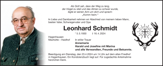 Traueranzeige von Leonhard Schmidt von Der Bote