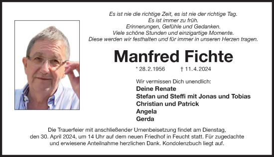 Traueranzeige von Manfred Fichte von Der Bote